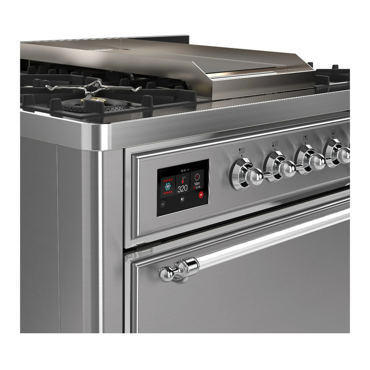 Stainless steel dual fuel range side view with control knobs and digital display