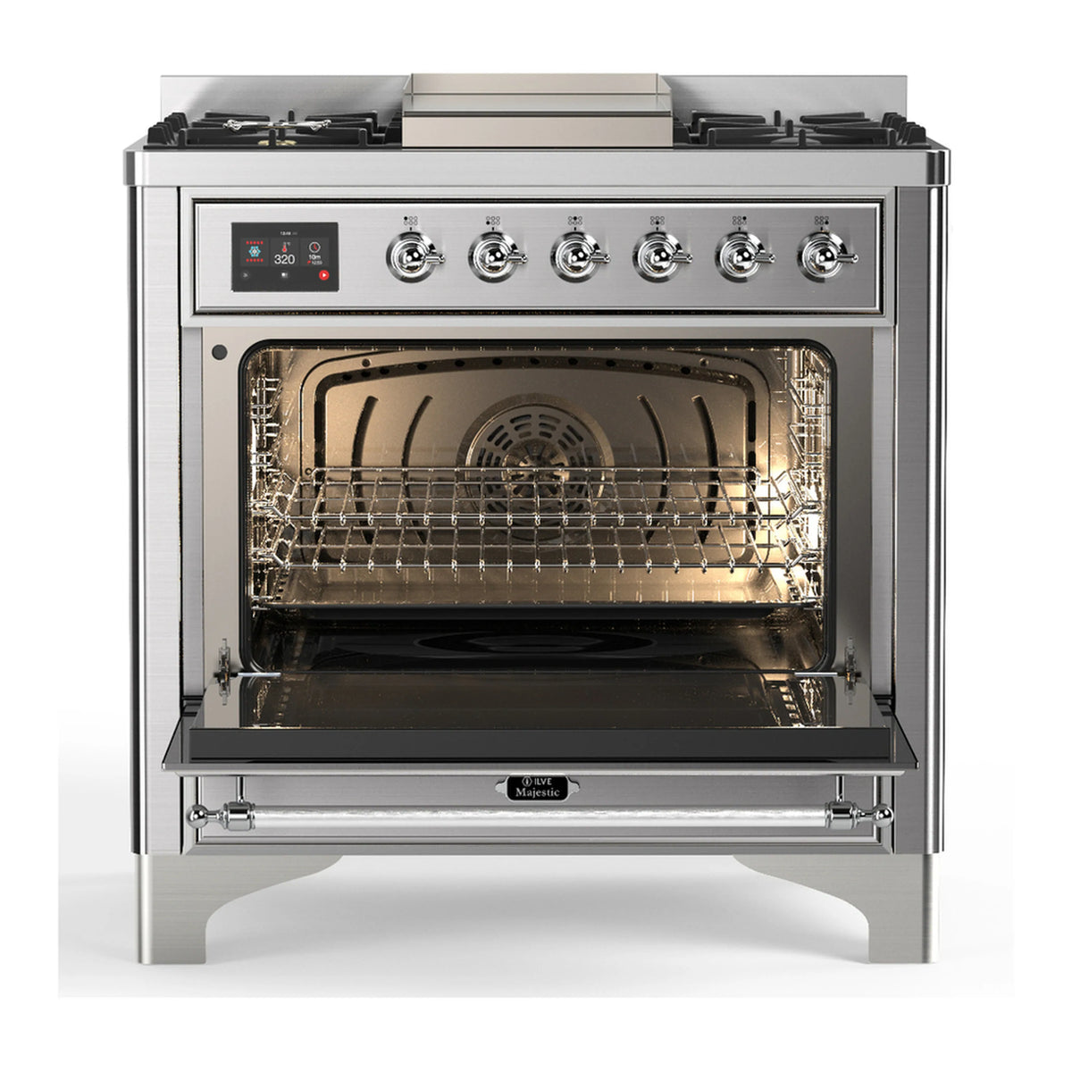 Stainless steel dual fuel range with open electric oven and wire rack interior