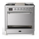 ILVE Majestic III 36-inch Dual Fuel Range with 6 Natural Gas Burner, Griddle and Solid Door Electric Oven in Stainless Steel with Chrome Trim (UM36FQNR3SSC)
