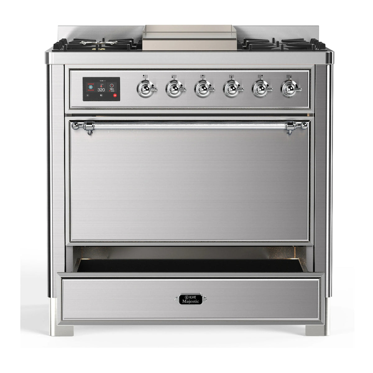 Stainless steel dual fuel range front view with control knobs and closed oven door