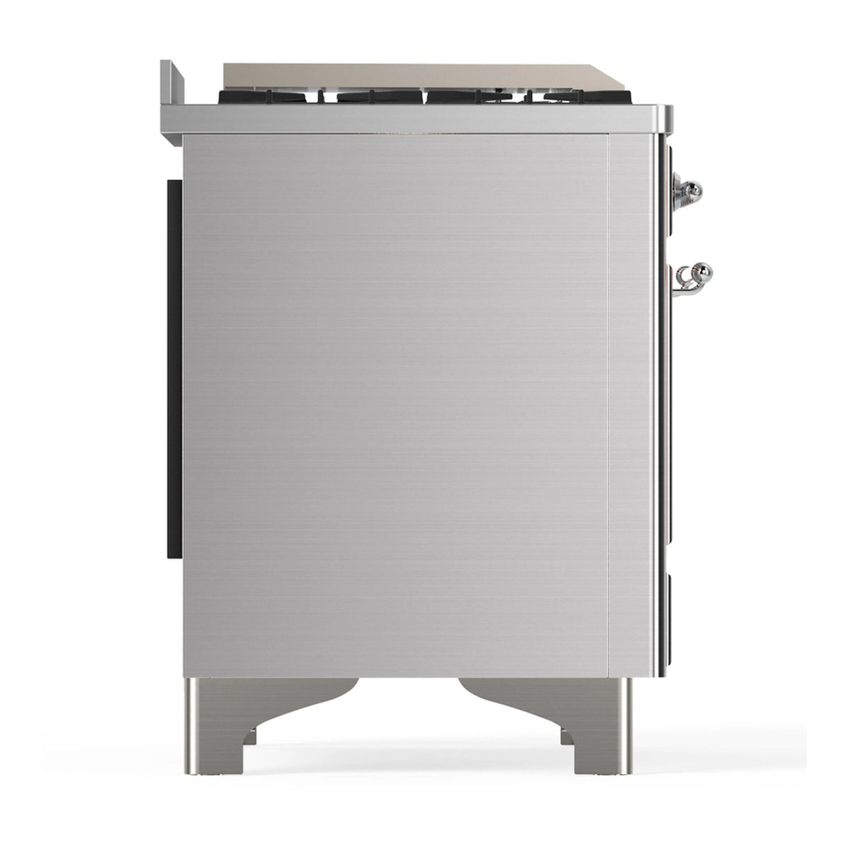 Stainless steel side view of dual fuel range with chrome-trim edges and knobs