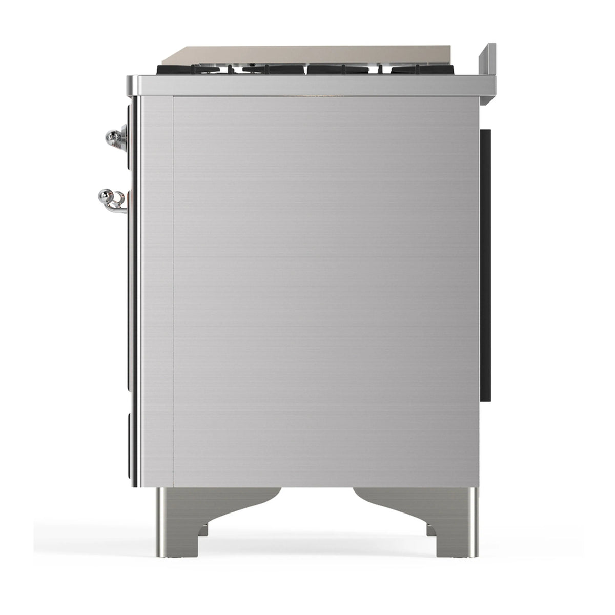 Stainless steel opposite side view of dual fuel range with chrome trim and feet