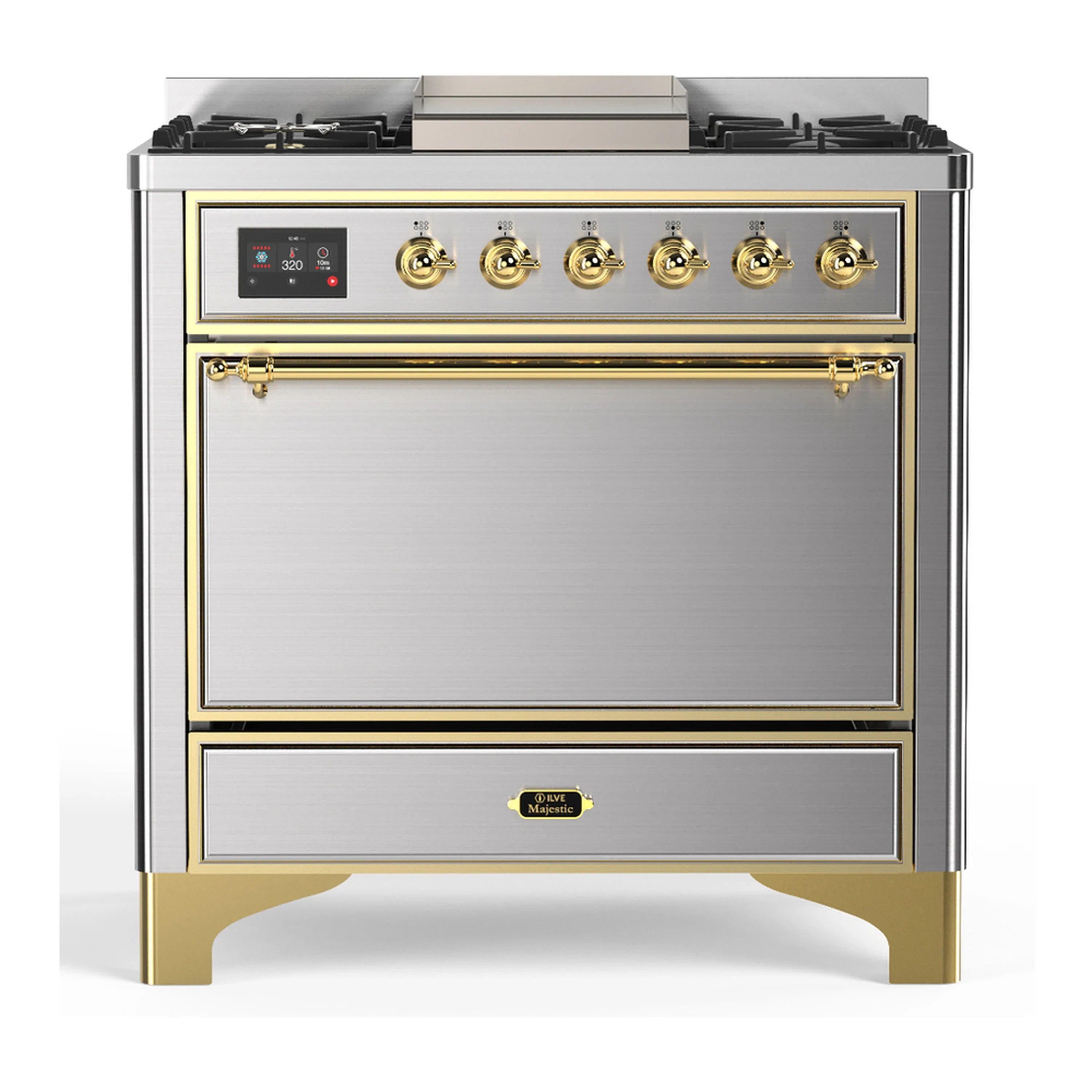 Stainless dual fuel range with brass trim; both oven doors and brass control knobs visible