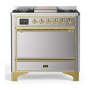 ILVE Majestic III 36-inch Dual Fuel Range with 6 Natural Gas Burner, Griddle and Solid Door Electric Oven in Stainless Steel with Brass Trim (UM36FQNR3SSG)