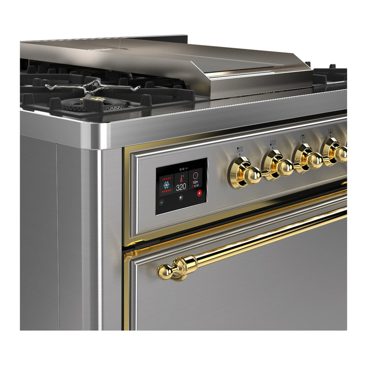 Stainless dual fuel range detail: brass control knobs and digital temperature display panel