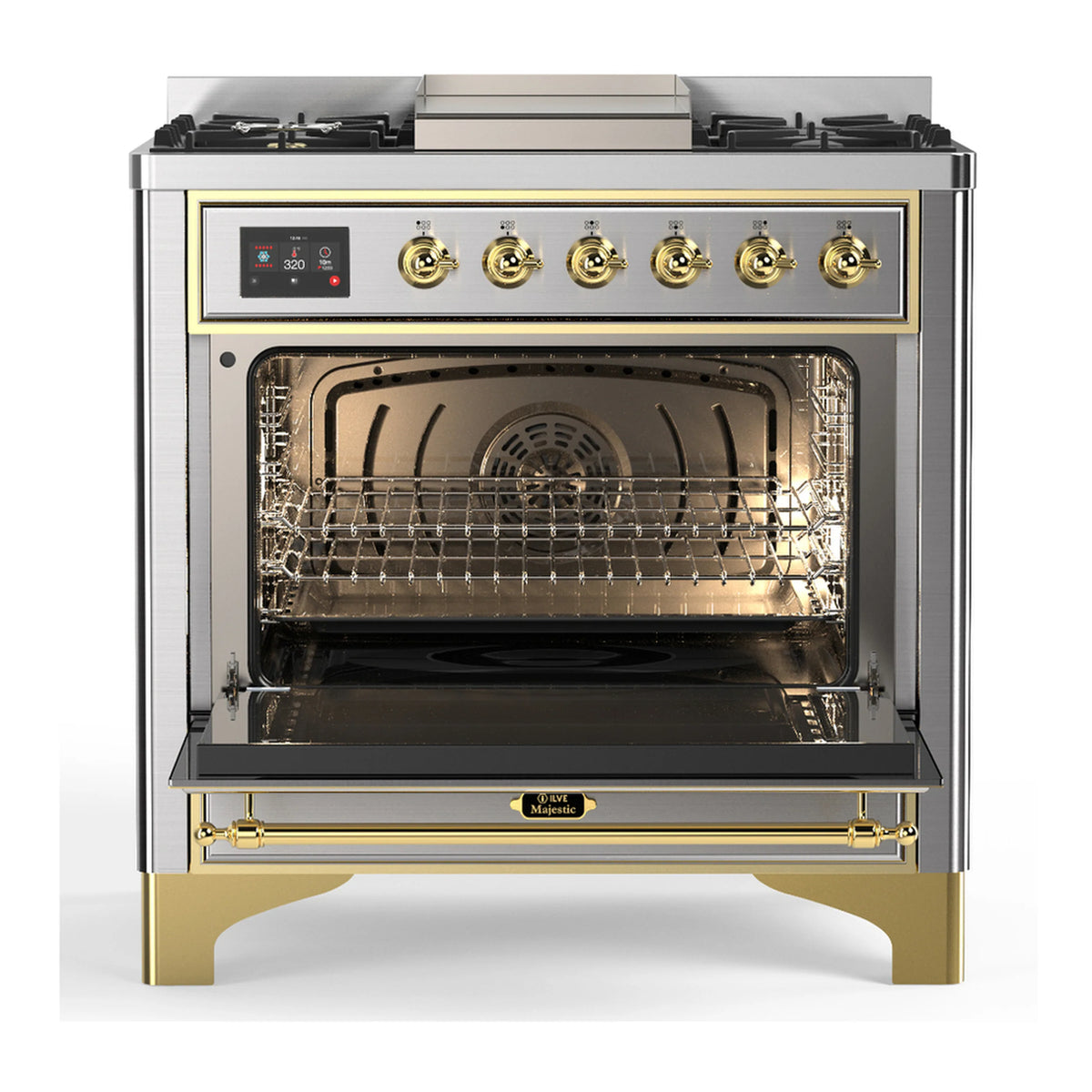 Stainless dual fuel range with brass trim; open electric oven door and gas burners visible