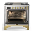 ILVE Majestic III 36-inch Dual Fuel Range with 6 Natural Gas Burner, Griddle and Solid Door Electric Oven in Stainless Steel with Brass Trim (UM36FQNR3SSG)