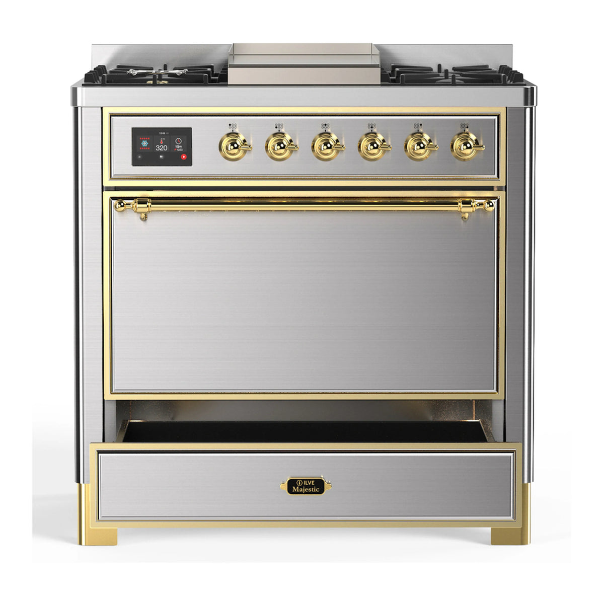 Stainless dual fuel range with brass trim; oven door closed and brass burner knobs visible
