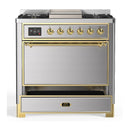 ILVE Majestic III 36-inch Dual Fuel Range with 6 Natural Gas Burner, Griddle and Solid Door Electric Oven in Stainless Steel with Brass Trim (UM36FQNR3SSG)