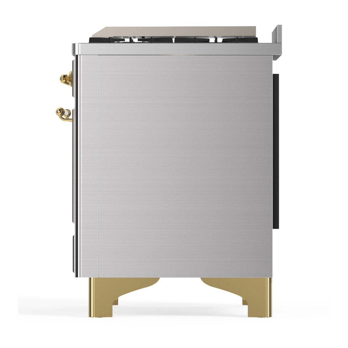 Stainless dual fuel range body with brass base trim and side access panels