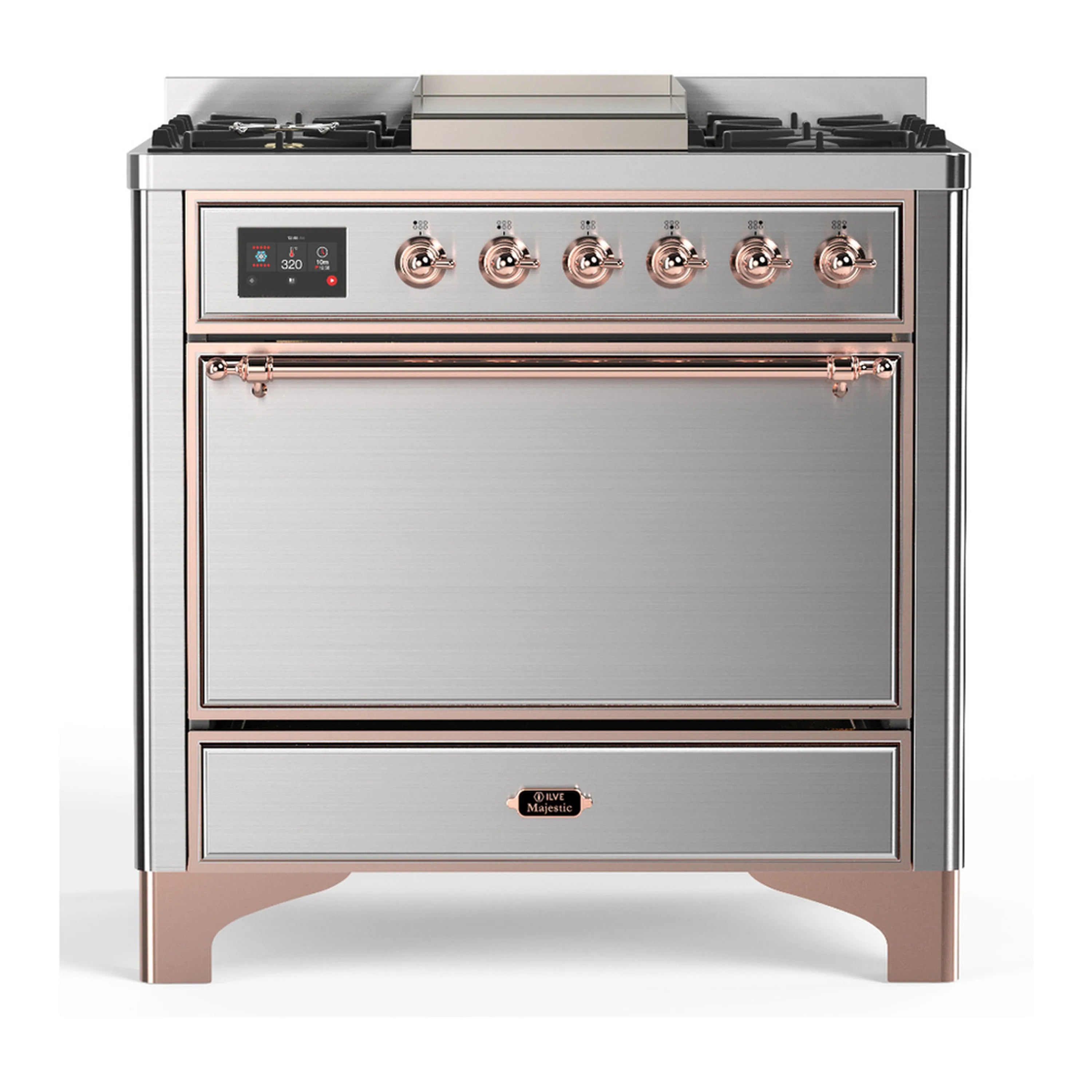 Stainless steel dual fuel range with copper trim, 6 gas burners and solid-door oven