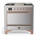 ILVE Majestic III 36-inch Dual Fuel Range with 6 Natural Gas Burner, Griddle and Solid Door Electric Oven in Stainless Steel with Copper Trim (UM36FQNR3SSP)