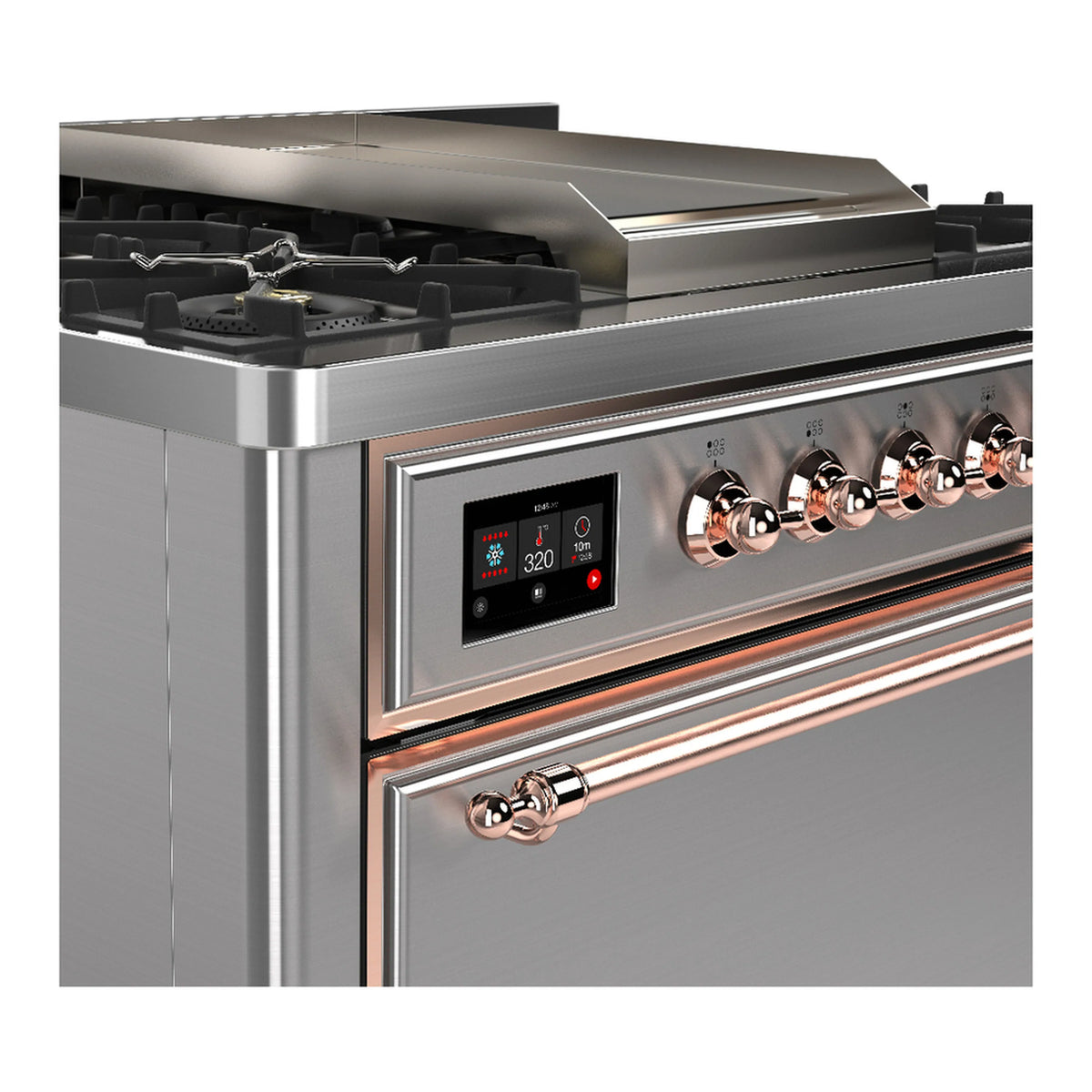 Stainless steel range control panel with copper trim and 6 burner knobs