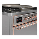 ILVE Majestic III 36-inch Dual Fuel Range with 6 Natural Gas Burner, Griddle and Solid Door Electric Oven in Stainless Steel with Copper Trim (UM36FQNR3SSP)