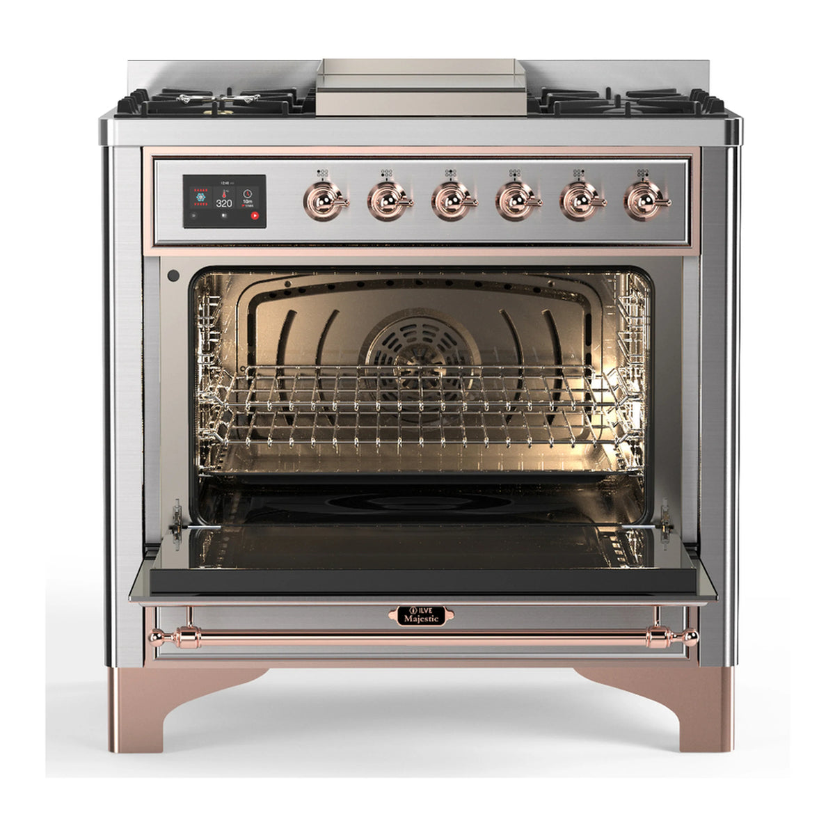 ILVE stainless steel dual fuel range with open electric oven door and racks inside