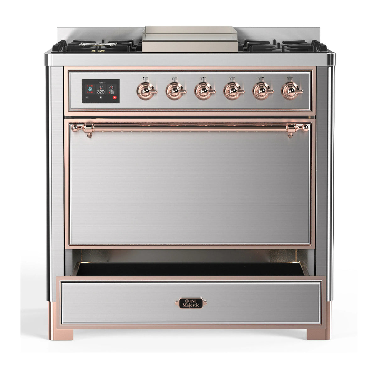 Stainless steel dual fuel range with solid oven door and lower storage drawer