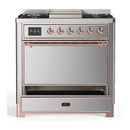 ILVE Majestic III 36-inch Dual Fuel Range with 6 Natural Gas Burner, Griddle and Solid Door Electric Oven in Stainless Steel with Copper Trim (UM36FQNR3SSP)
