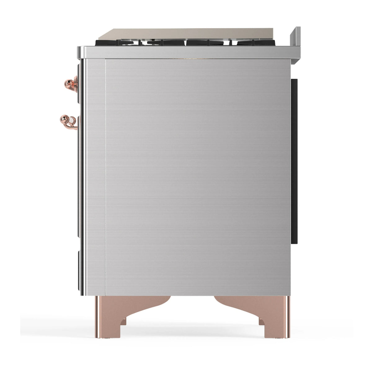 Stainless steel range side view with copper trim and black back panel