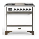 ILVE Majestic III 36-inch Dual Fuel Range with 6 Natural Gas Burner, Griddle and Solid Door Electric Oven in White with Burnished Trim (UM36FQNR3WHB)