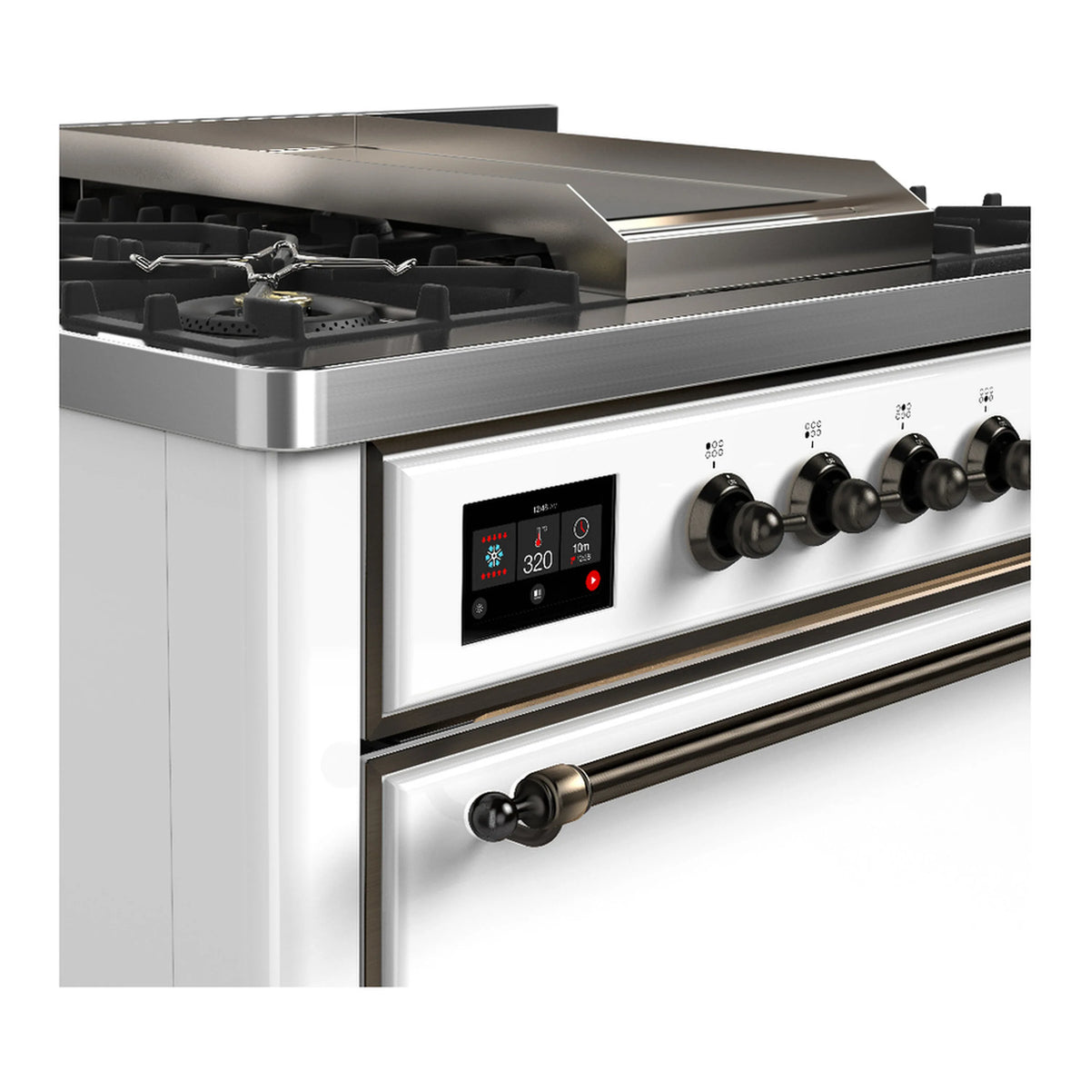 White dual fuel range with open cooktop and metal control knobs on the side panel