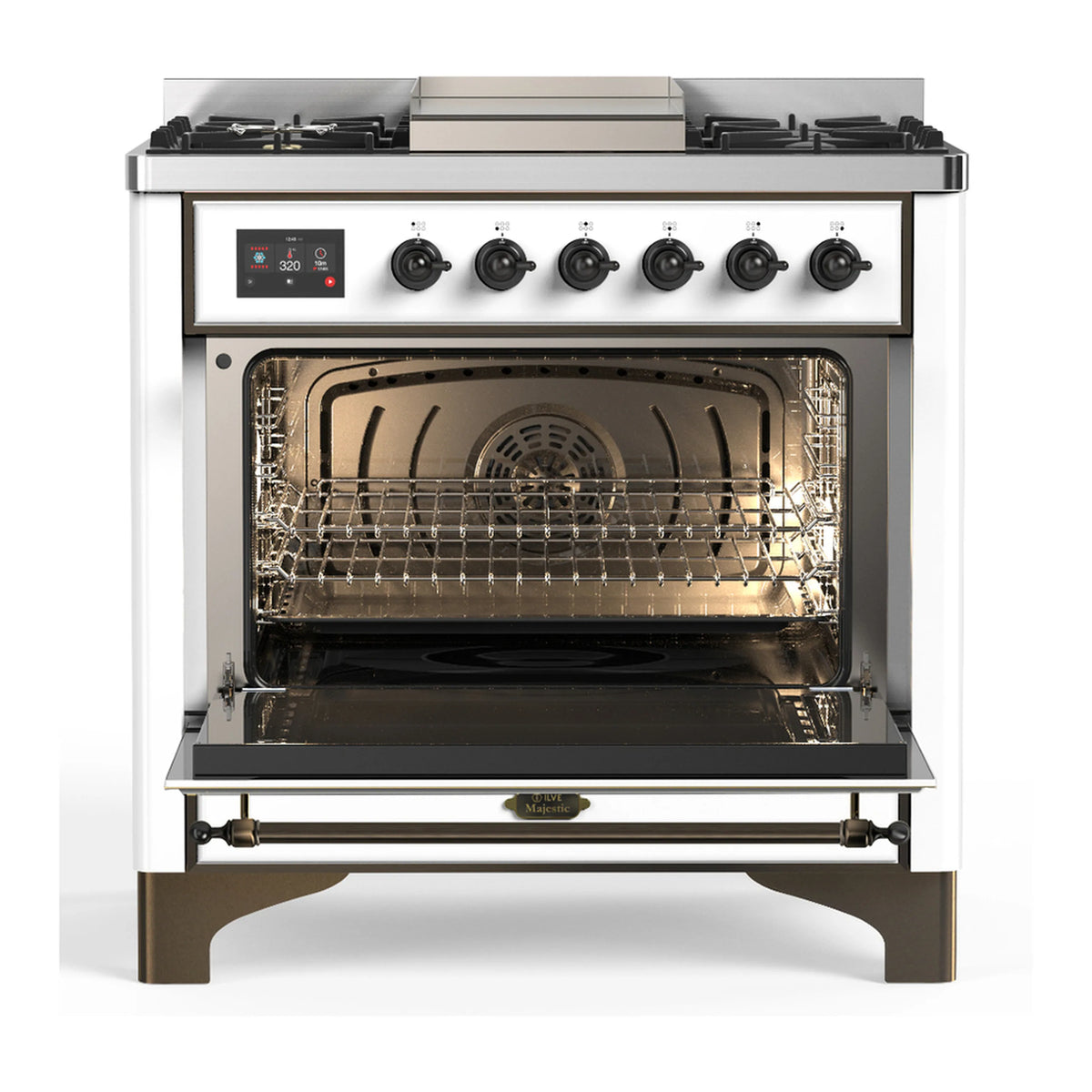 White dual fuel range with oven door open, visible racks and interior lighted cavity