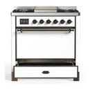 ILVE Majestic III 36-inch Dual Fuel Range with 6 Natural Gas Burner, Griddle and Solid Door Electric Oven in White with Burnished Trim (UM36FQNR3WHB)