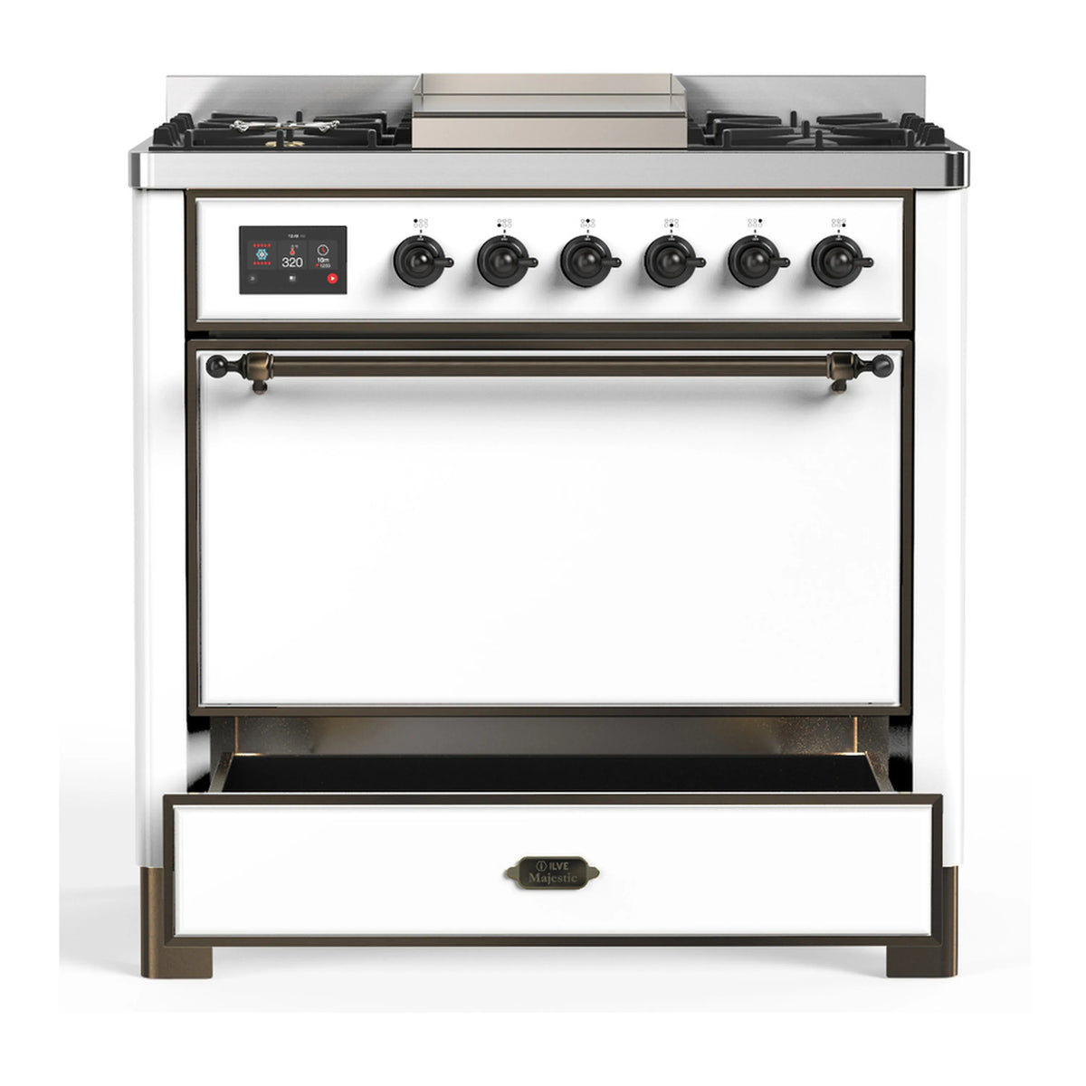 White dual fuel range front view with five burners, backguard, and closed oven door
