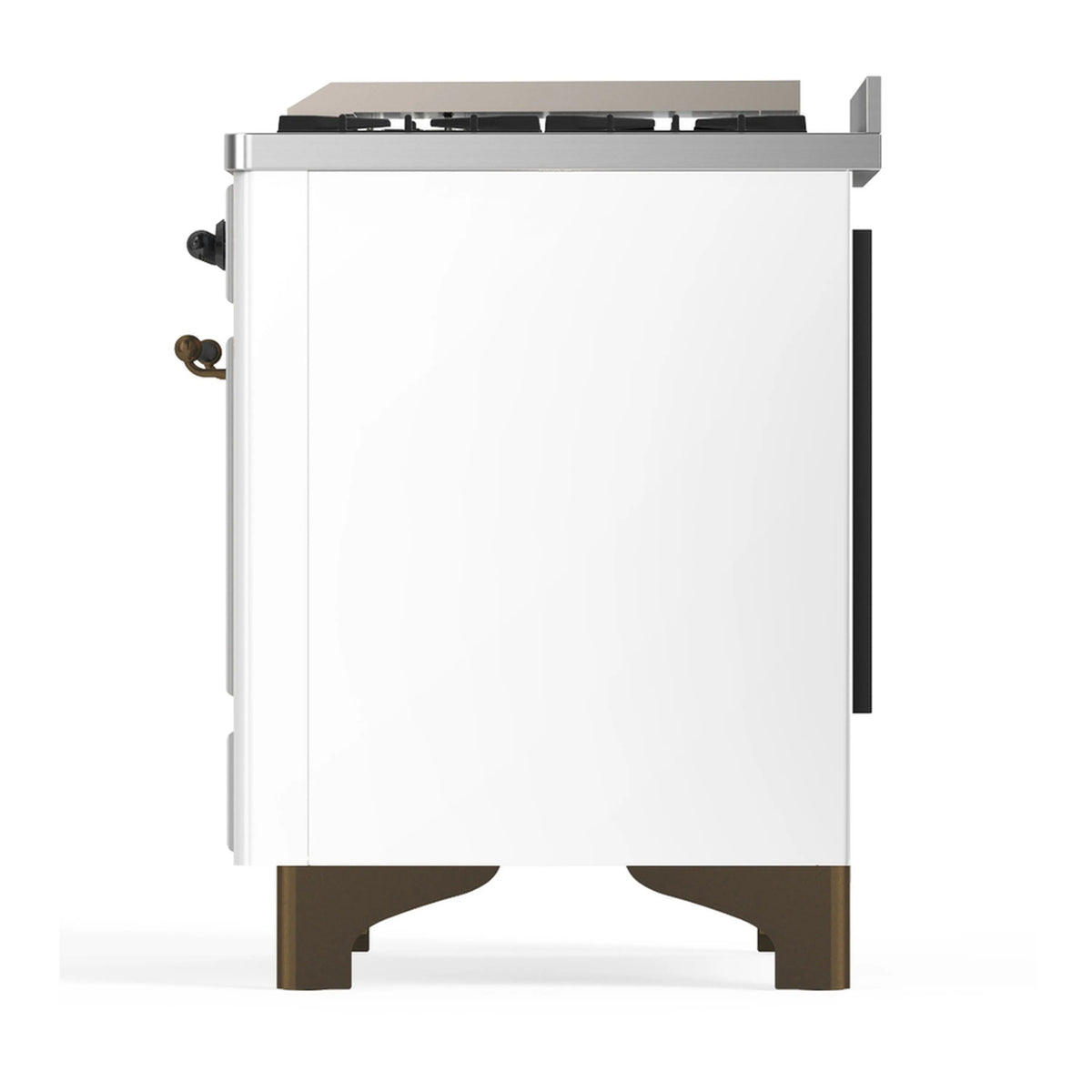 White dual fuel range side view with control panel area and dark handle trim
