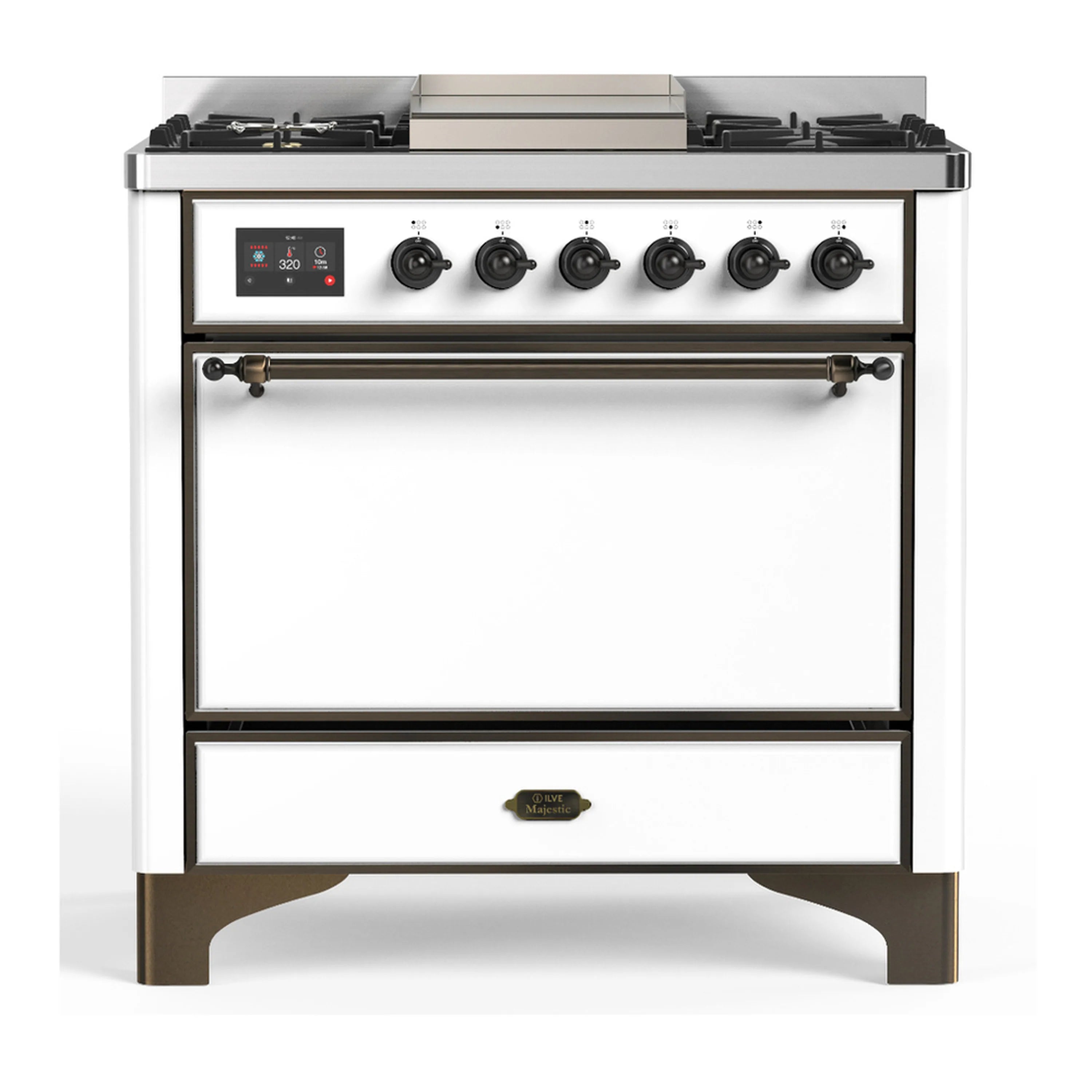 White dual fuel range with five gas burners, control panel, and closed oven door