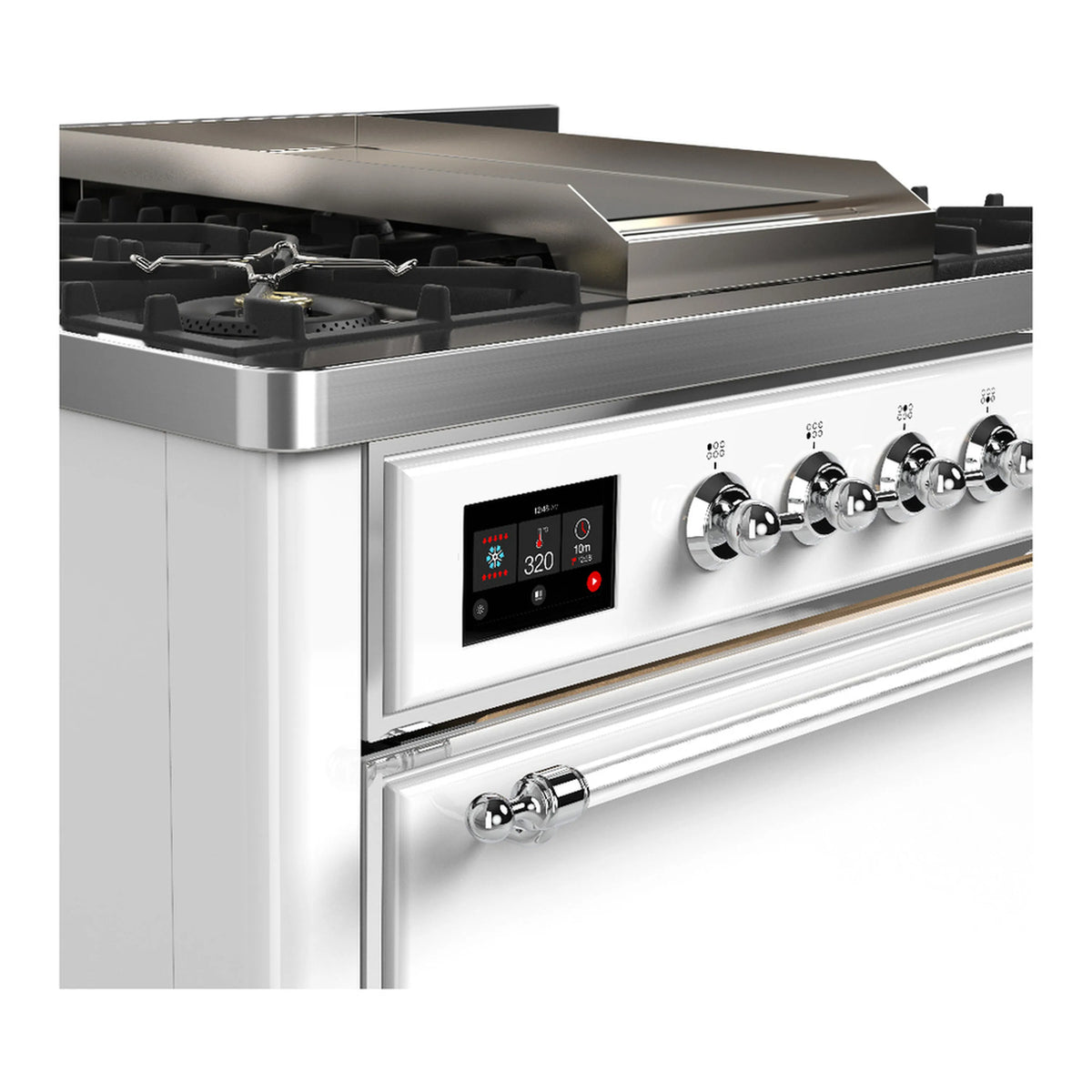 White dual fuel range control panel with chrome knobs and stainless cooktop griddle