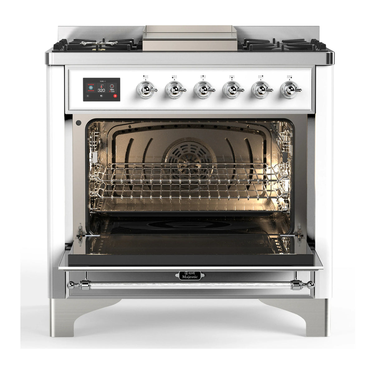 White dual fuel range with oven door open, visible interior and wire rack