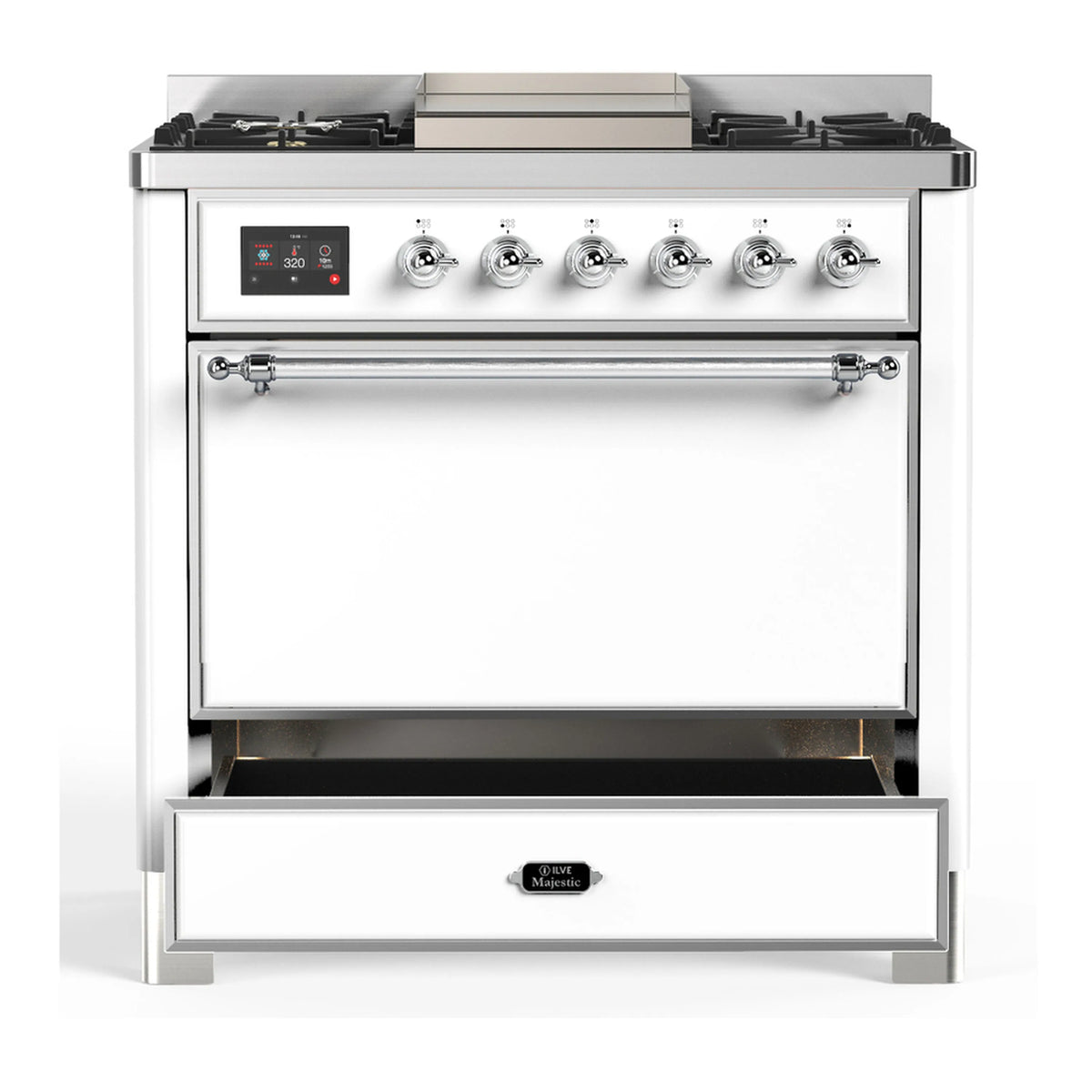 White dual fuel range with chrome trim and closed oven door