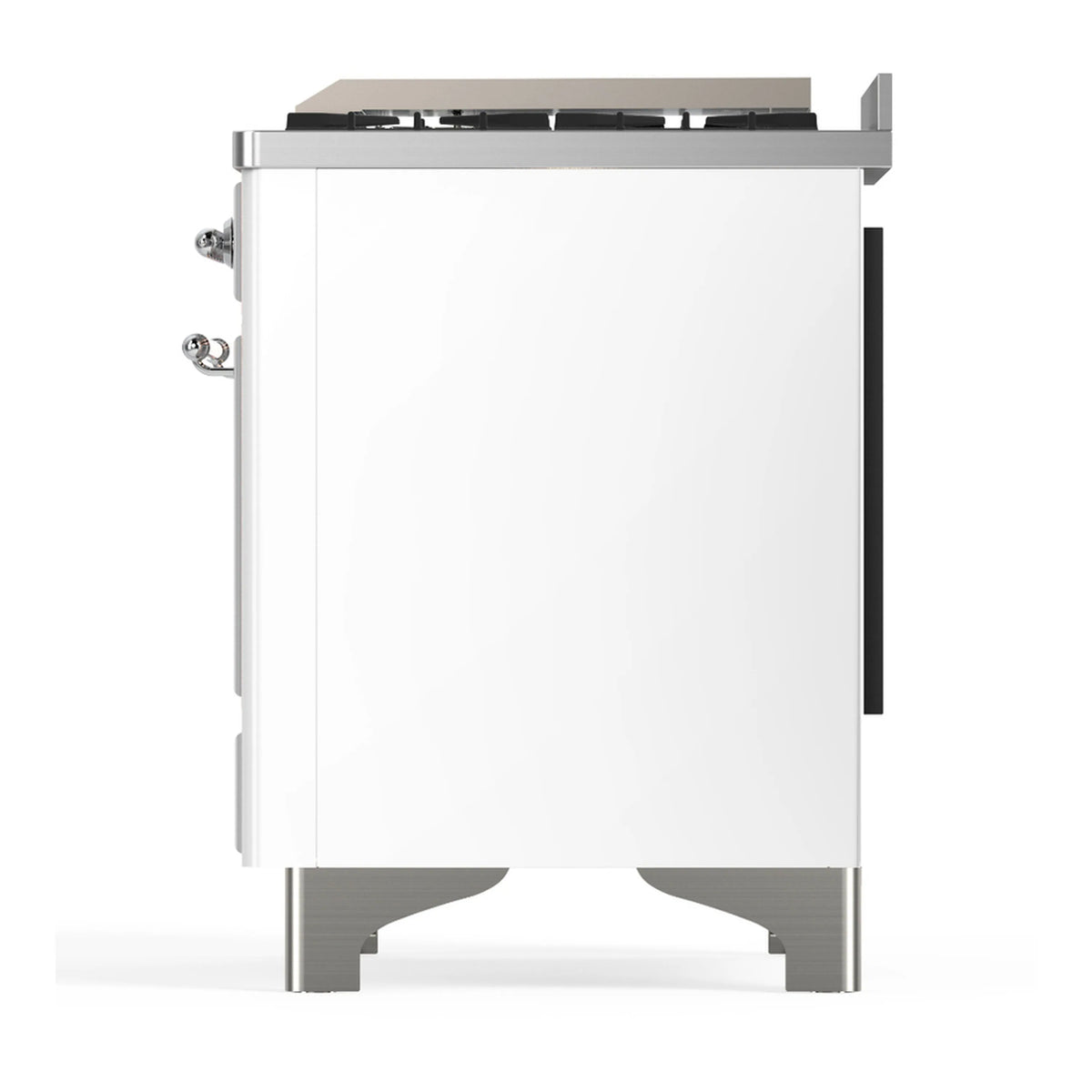 Side view of white dual fuel range with control hardware and stainless base