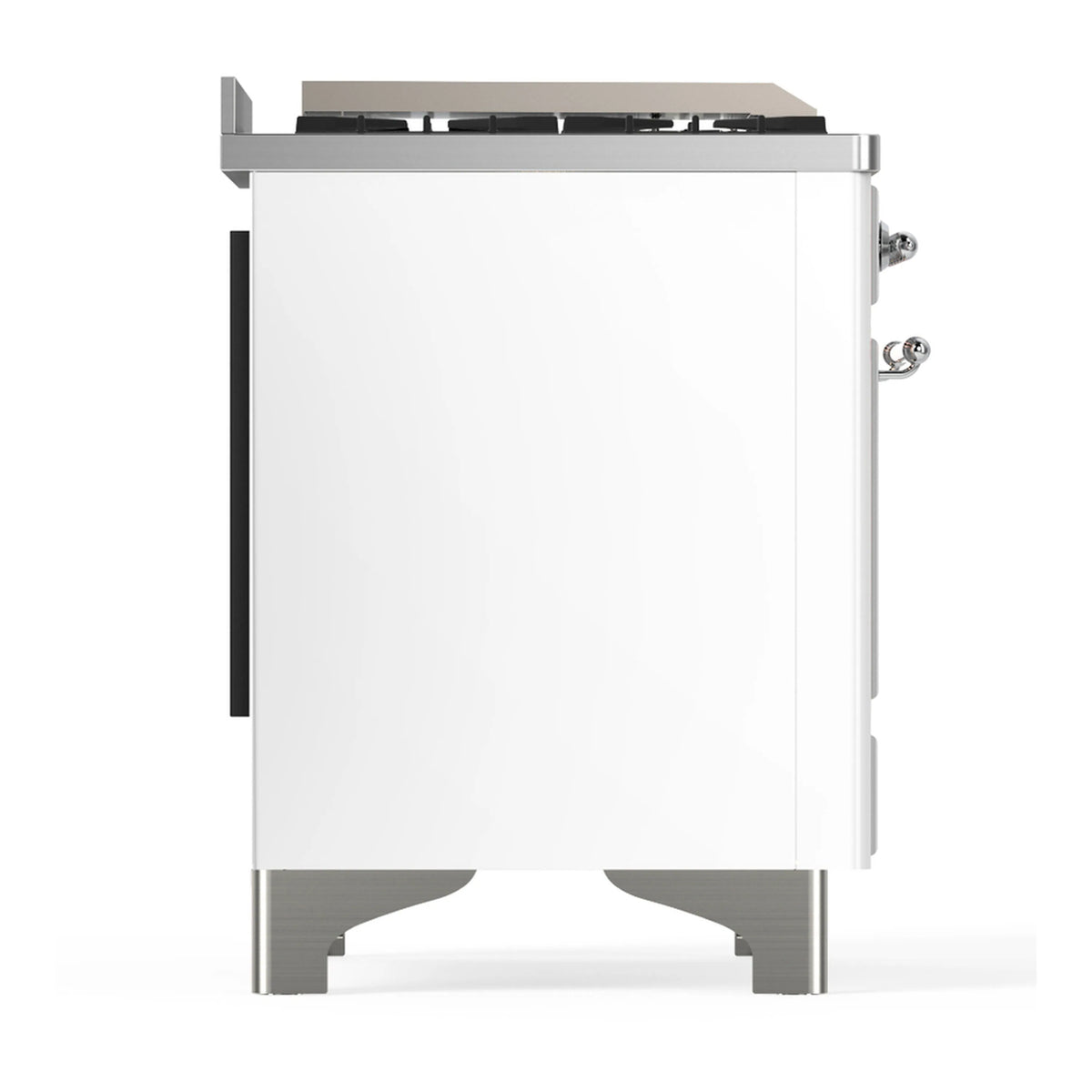 White dual fuel range back side view with chrome trim and side access handle