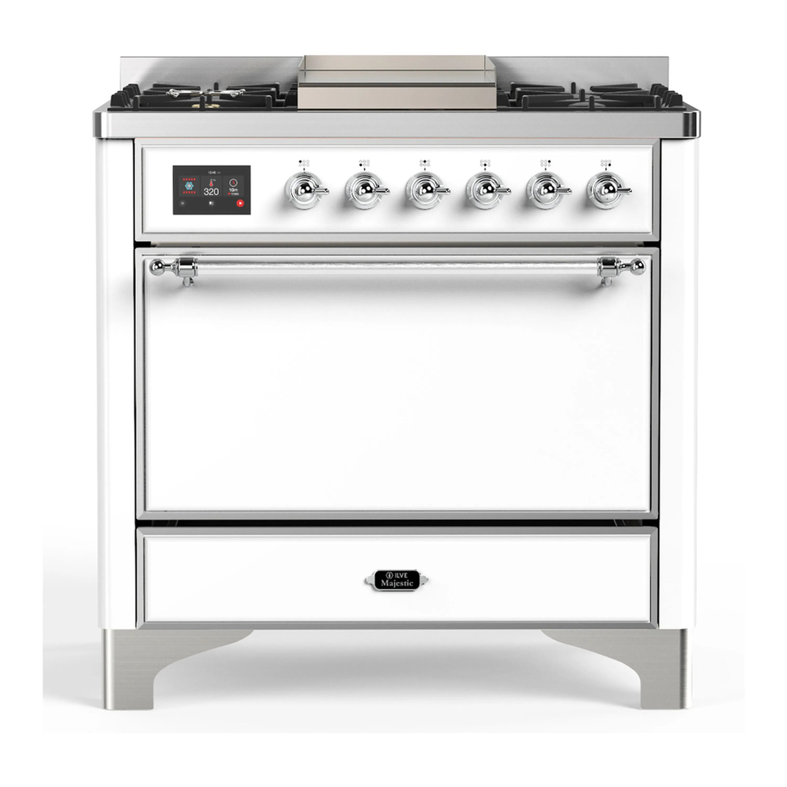 White dual fuel range with chrome trim, top burners, and large solid door oven