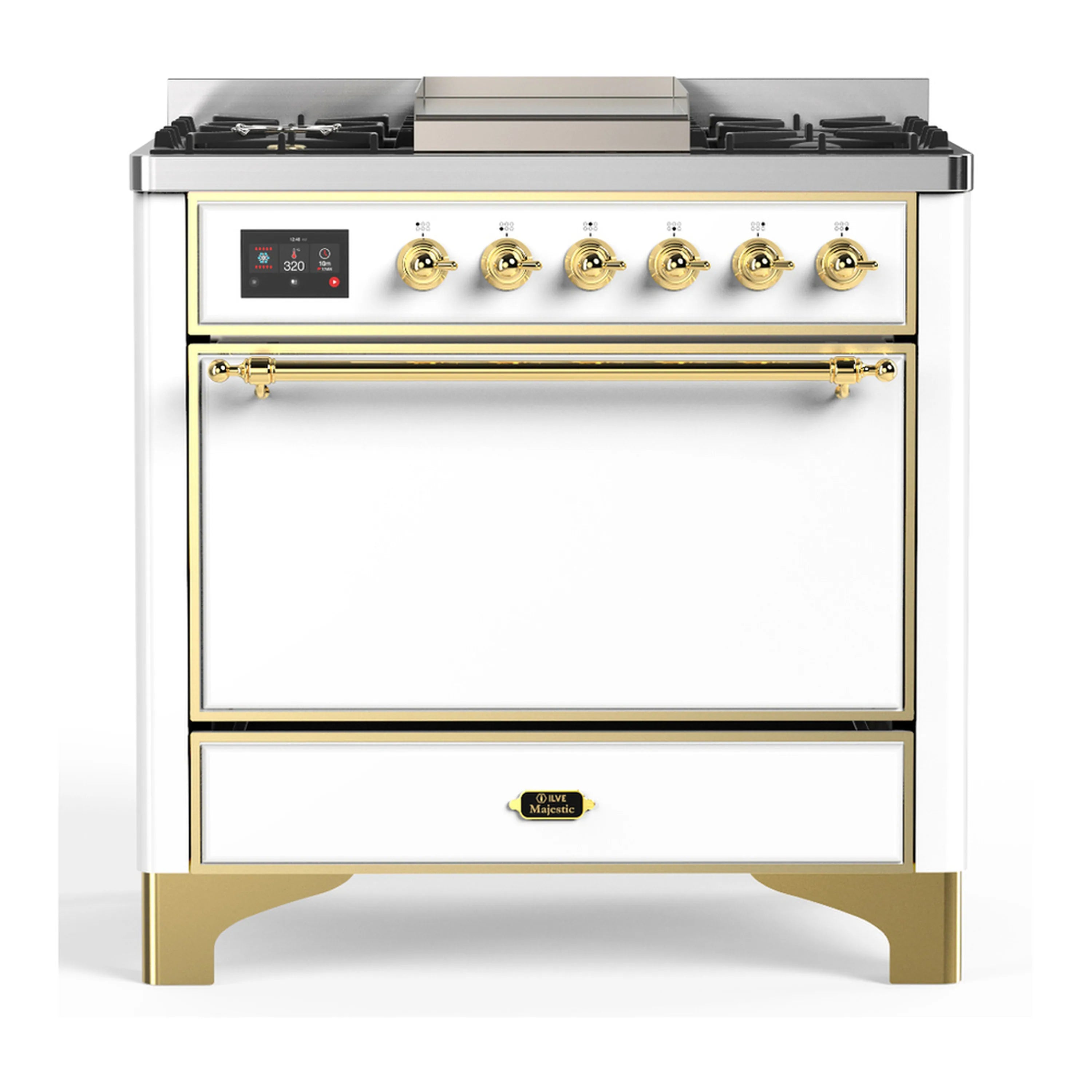 ILVE Majestic III dual fuel range, white with brass trim, front with control panel