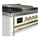 ILVE Majestic III 36-inch Dual Fuel Range with 6 Natural Gas Burner, Griddle and Solid Door Electric Oven in White with Brass Trim (UM36FQNR3WHG)