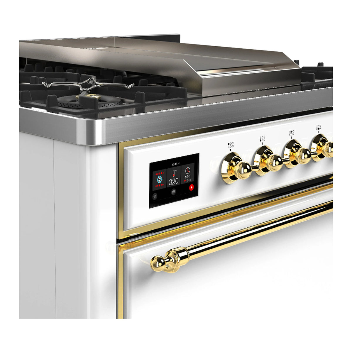 Stainless and white dual fuel range with brass control knobs and digital display over burners