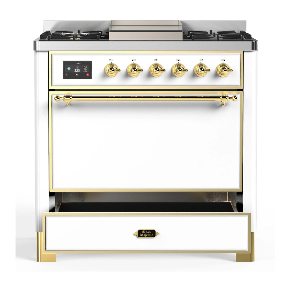 ILVE dual fuel range, white with brass trim, front view with oven door and drawer