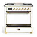 ILVE Majestic III 36-inch Dual Fuel Range with 6 Natural Gas Burner, Griddle and Solid Door Electric Oven in White with Brass Trim (UM36FQNR3WHG)