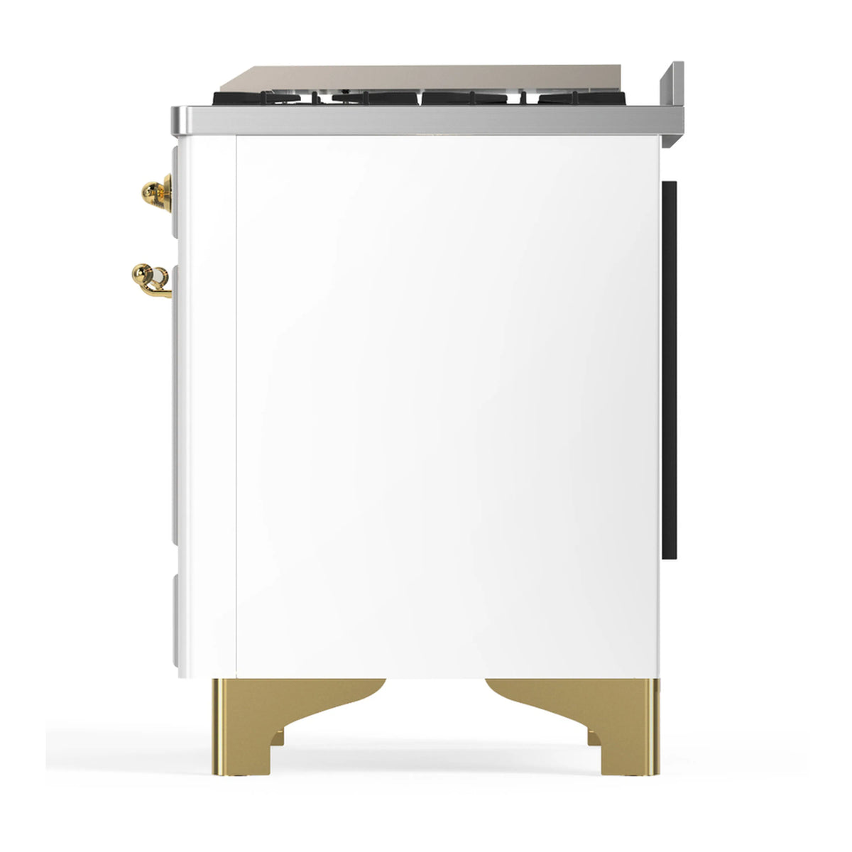 White dual fuel range side panel with black access panel and brass corner feet