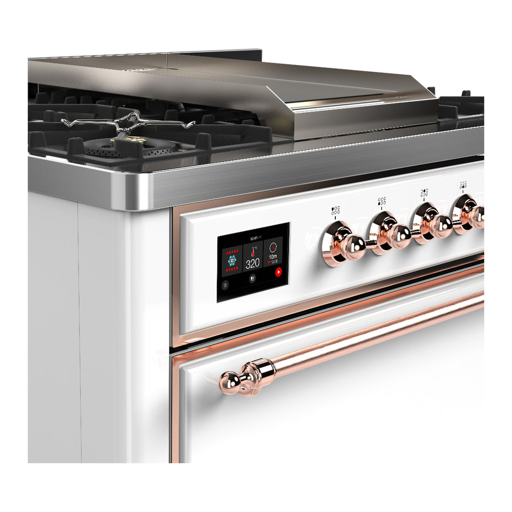 White dual fuel range with copper-trim control panel and natural gas burners on top