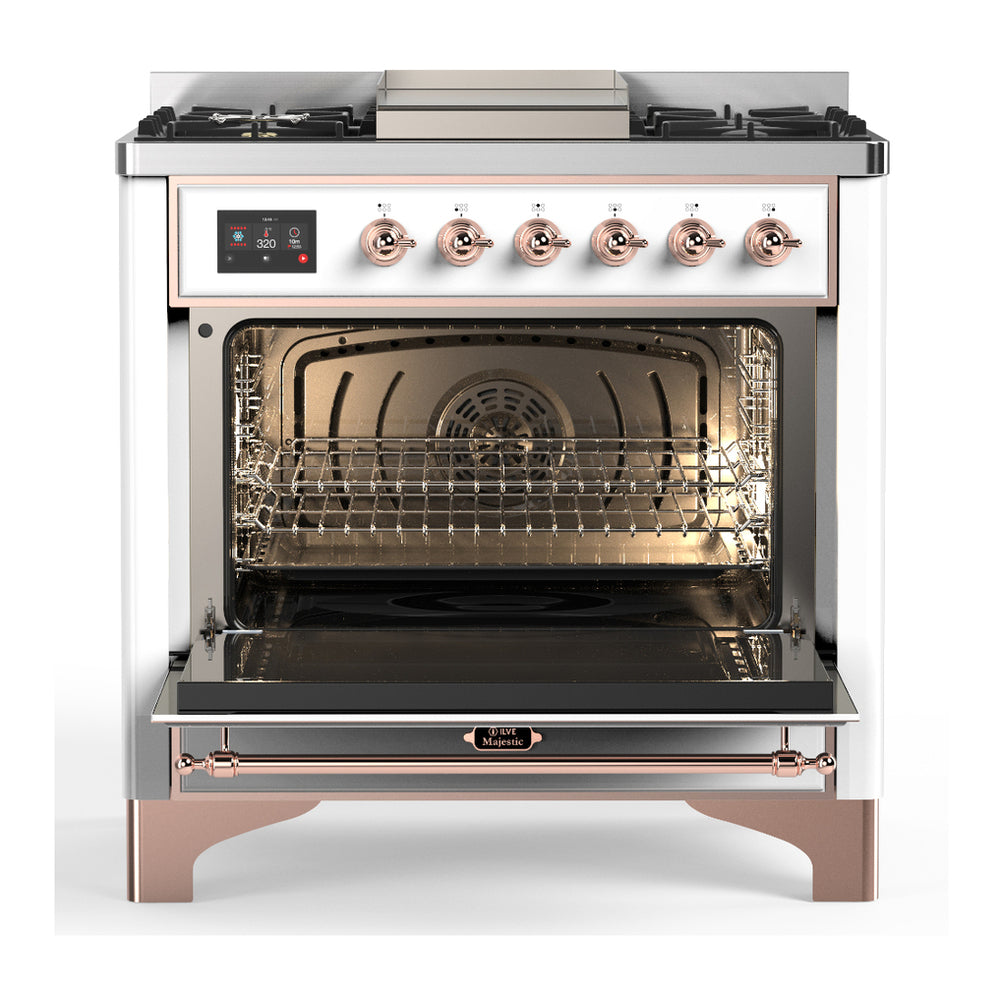 White dual fuel range with open oven door, visible interior racks, and front control knobs