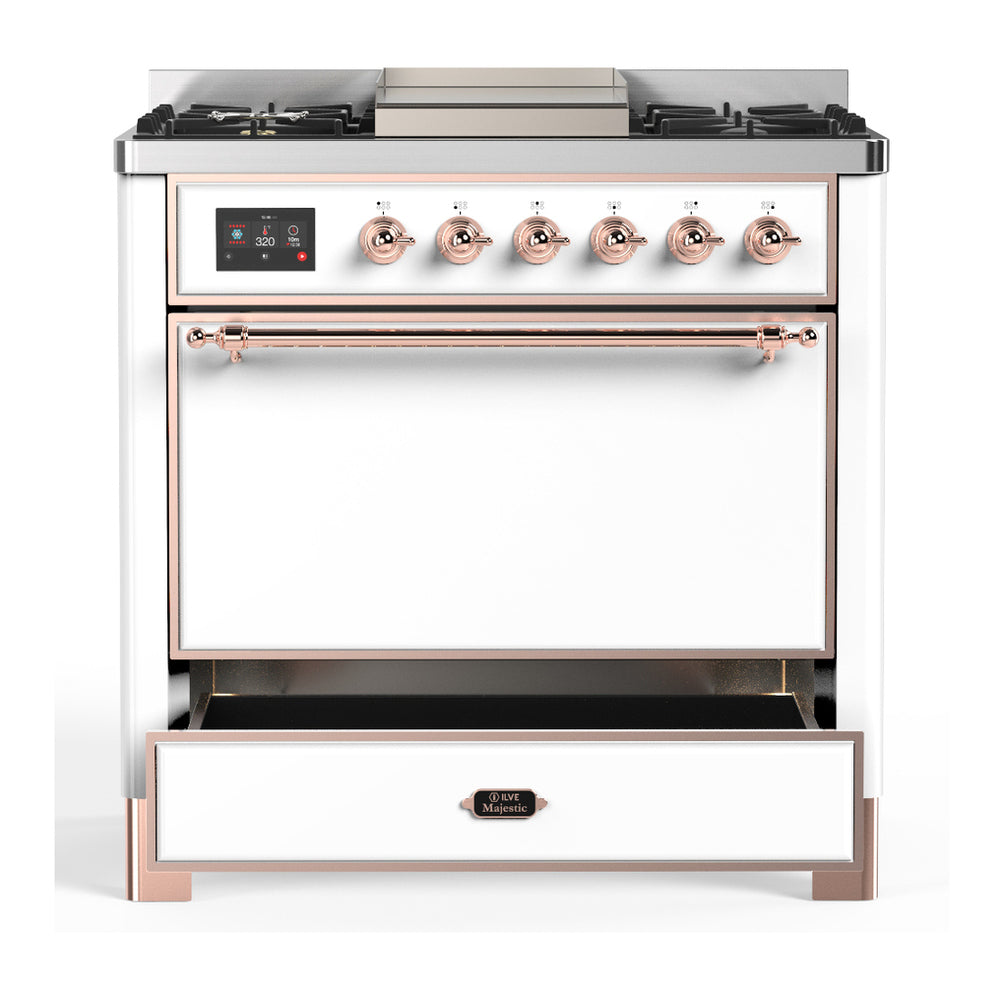 White dual fuel range with copper-trim front panel, control knobs, and oven door