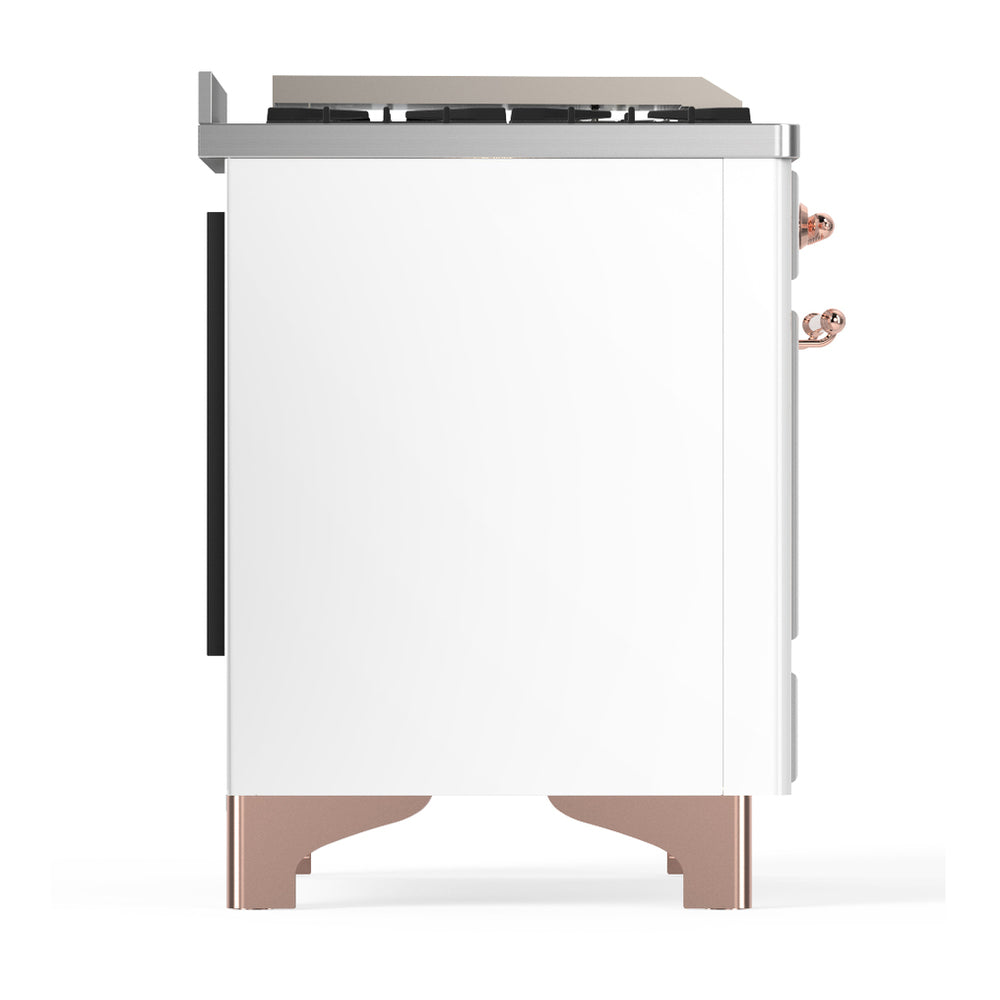 White dual fuel range side view with black side panel and copper-trim legs