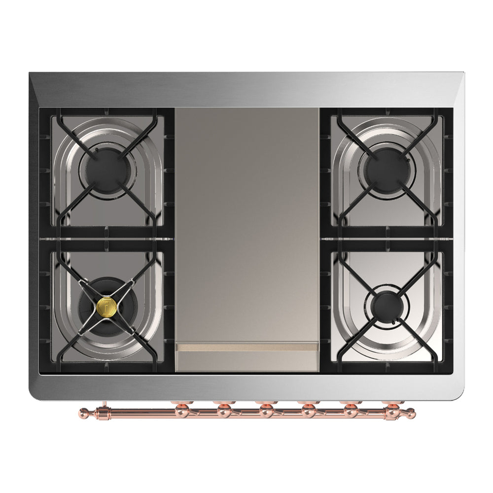 Dual fuel cooktop with four natural gas burners and copper gas line along the front