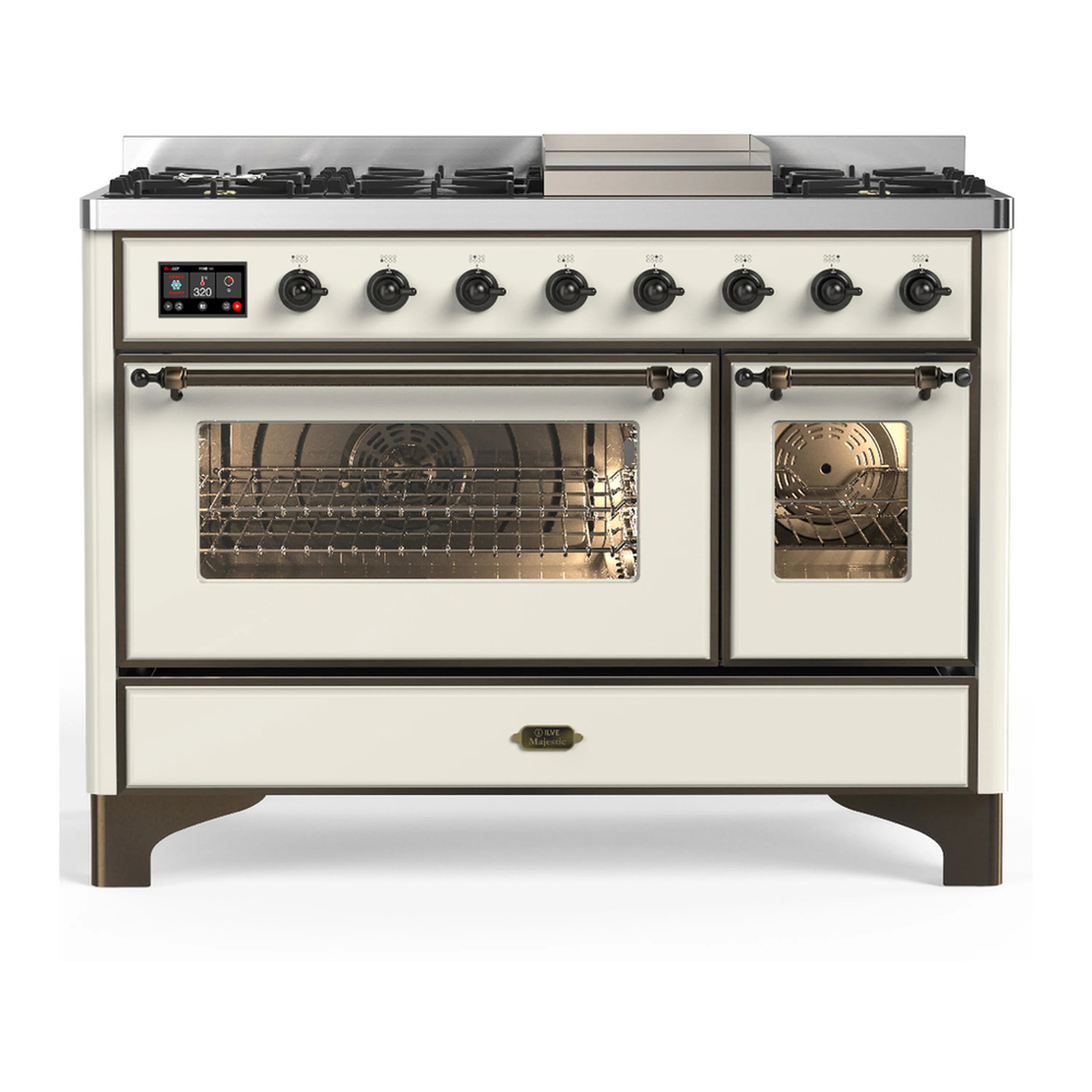 Antique white dual fuel range with oven doors closed and six gas burners on top