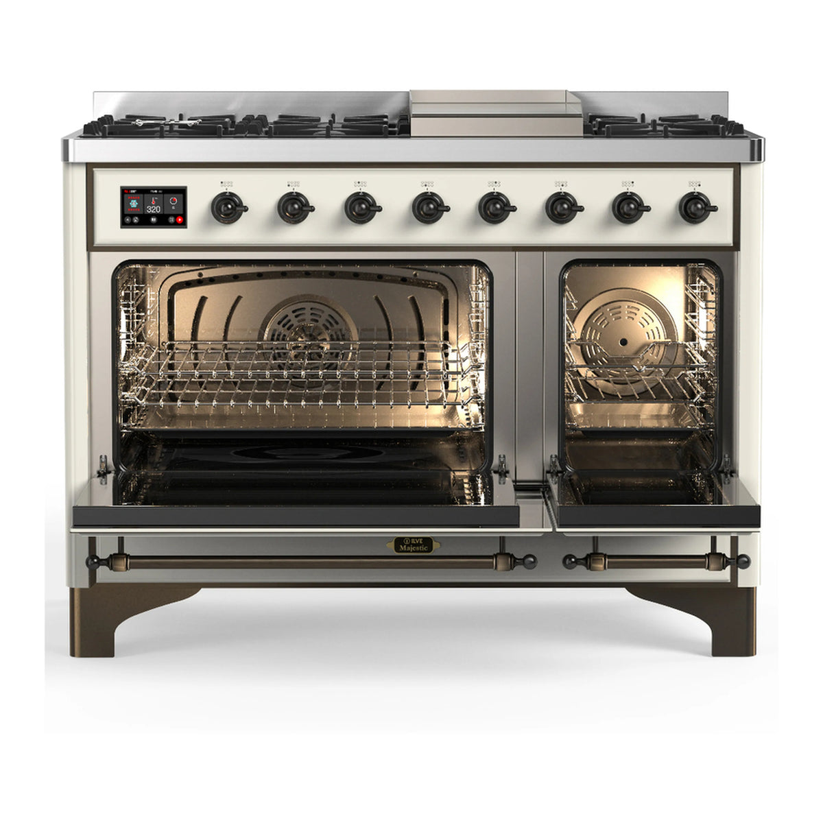 Antique white dual fuel range with open triple-glass oven doors and gas burners