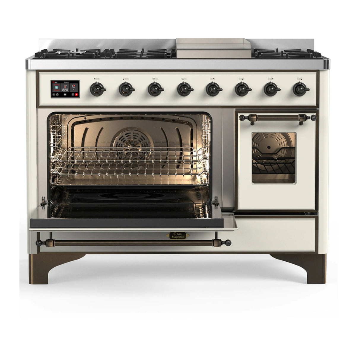 Antique white dual fuel range with oven door open, interior racks visible