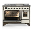 ILVE Majestic III 48-inch Dual Fuel Range with 5 Natural Gas Burner, Griddle and Triple Glass Door Electric Oven in Antique White with Burnished Trim (UM48FNR3AWB)